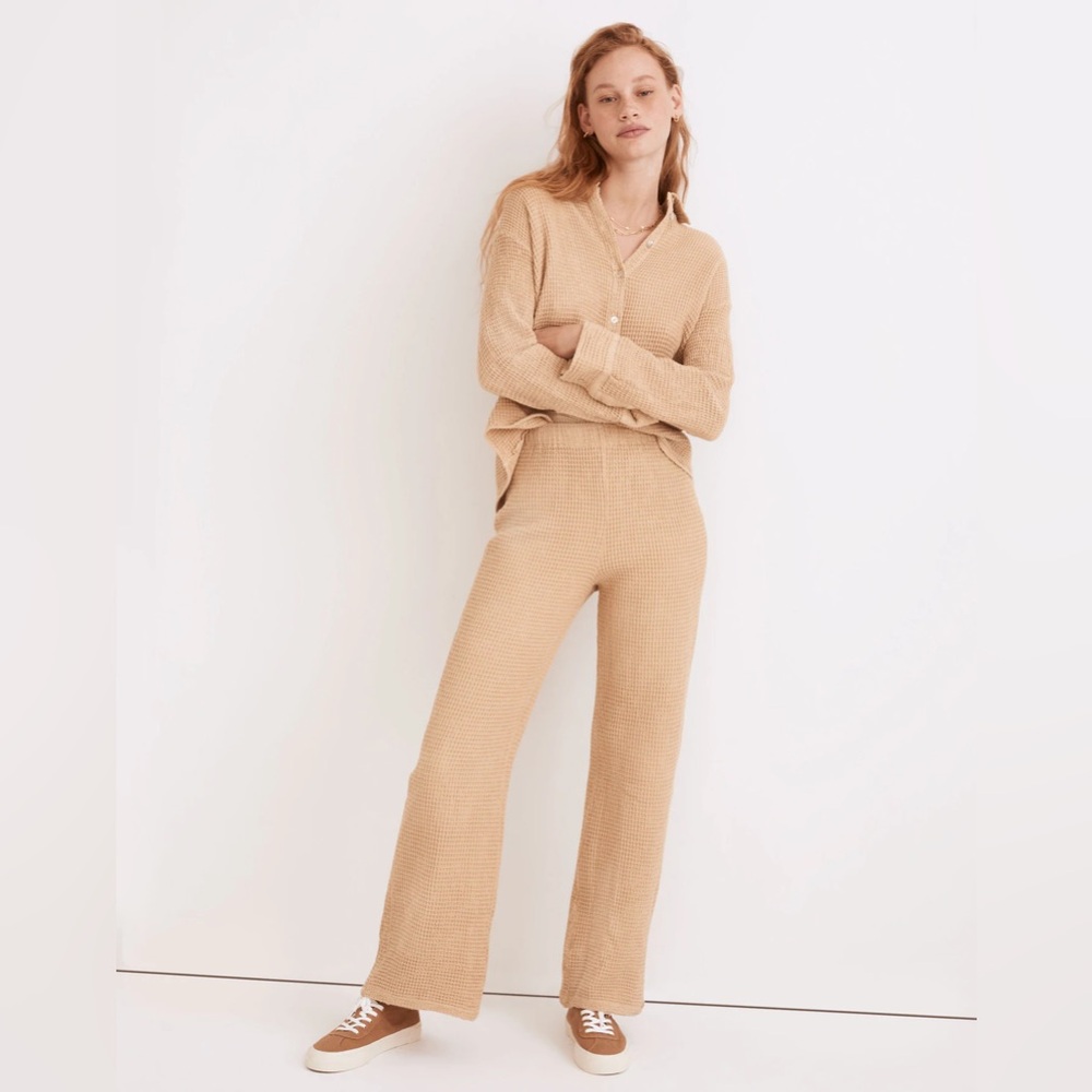 DONNI. Waffle Roll Pants in Lychee Cozy Tan Knit Wide-Leg Pants - Picture 2 of 8